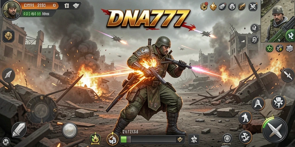 Tampilan gameplay seru di DNA777 dengan aksi Battle Royale mendebarkan.