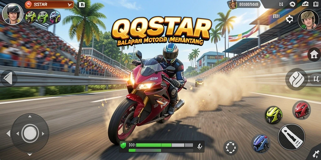 Screenshot QQSTAR menampilkan aksi balapan motor yang mendebarkan.