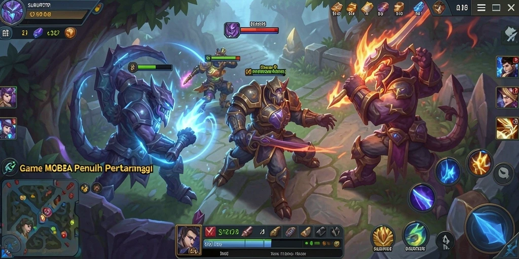 Gameplay seru dalam SUBURTOTO dengan pertarungan MOBA yang intens.