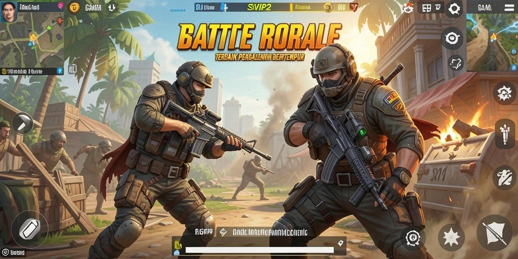 Screenshot gameplay SVIP2 yang menunjukkan aksi tembak-menembak di arena Battle Royale.