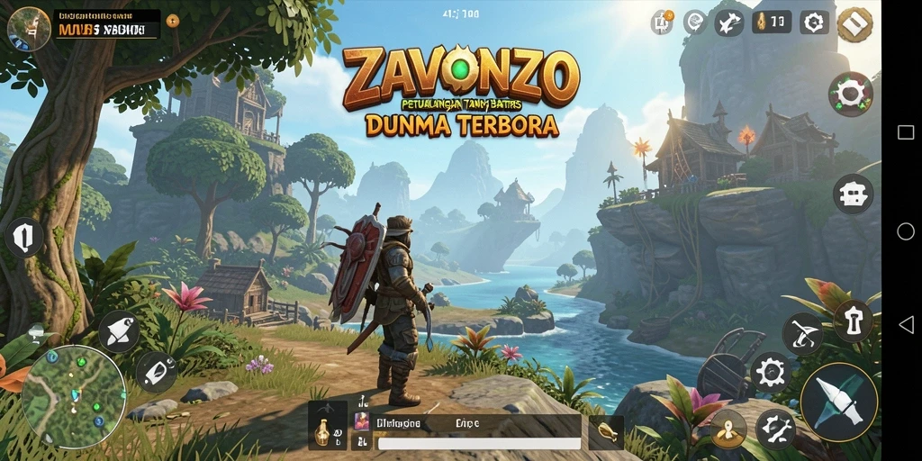 Screenshot gameplay <strong>ZAVONZO</strong> menunjukkan dunia terbuka yang luas dan penuh warna.